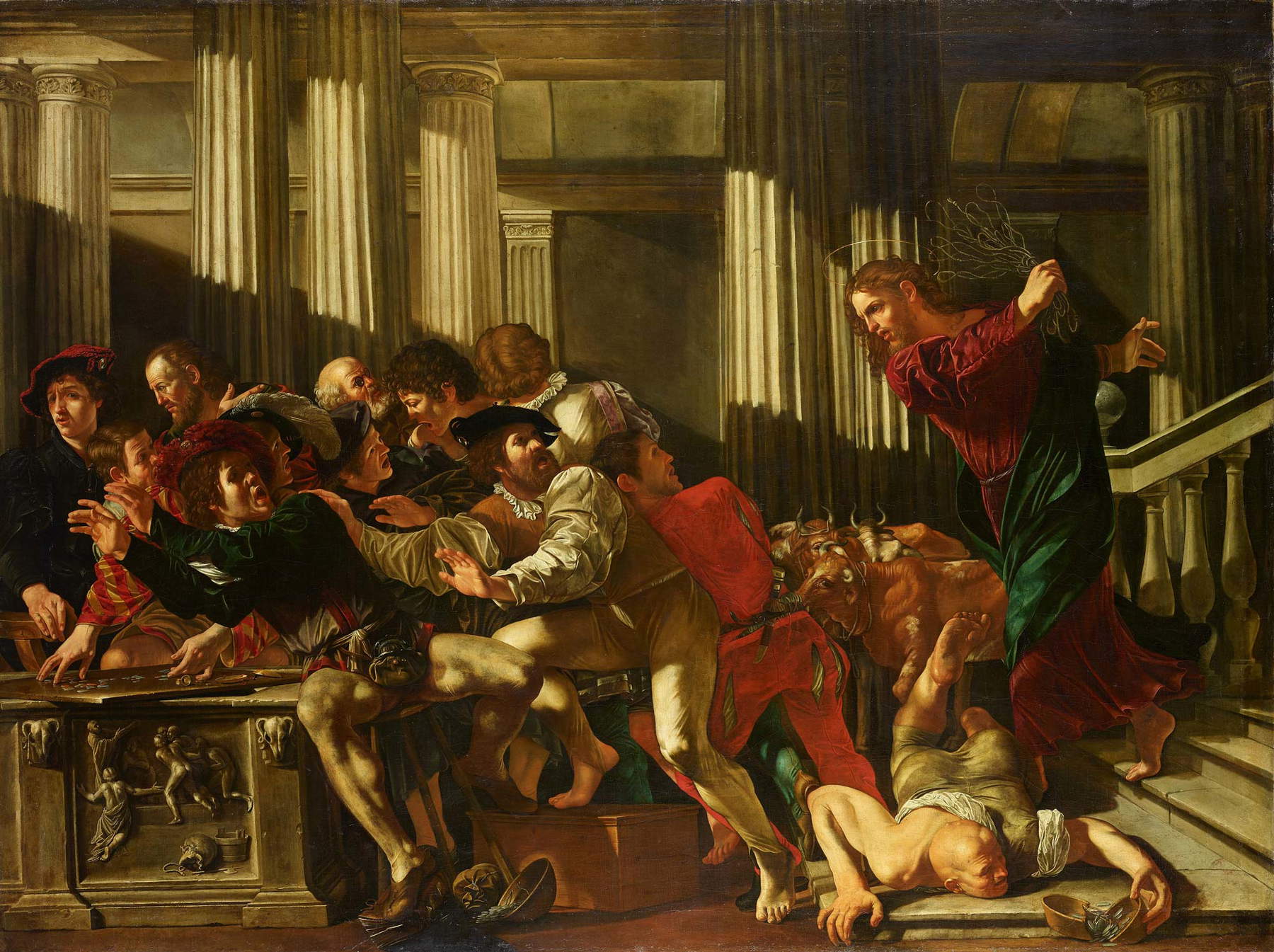 Francesco Boneri detto Cecco del Caravaggio, Cacciata dei mercanti dal tempio (1613-1615 circa; olio su tela; Berlino, Gemäldegalerie) Francesco Boneri detto Cecco del Caravaggio, Cacciata dei mercanti dal tempio (1613-1615 circa; olio su tela; Berlino, Gemäldegalerie)