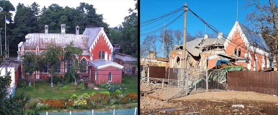 Ukraine, à Chernihiv, dommages importants à un bâtiment néo-gothique datant de 1901, abritant une bibliothèque