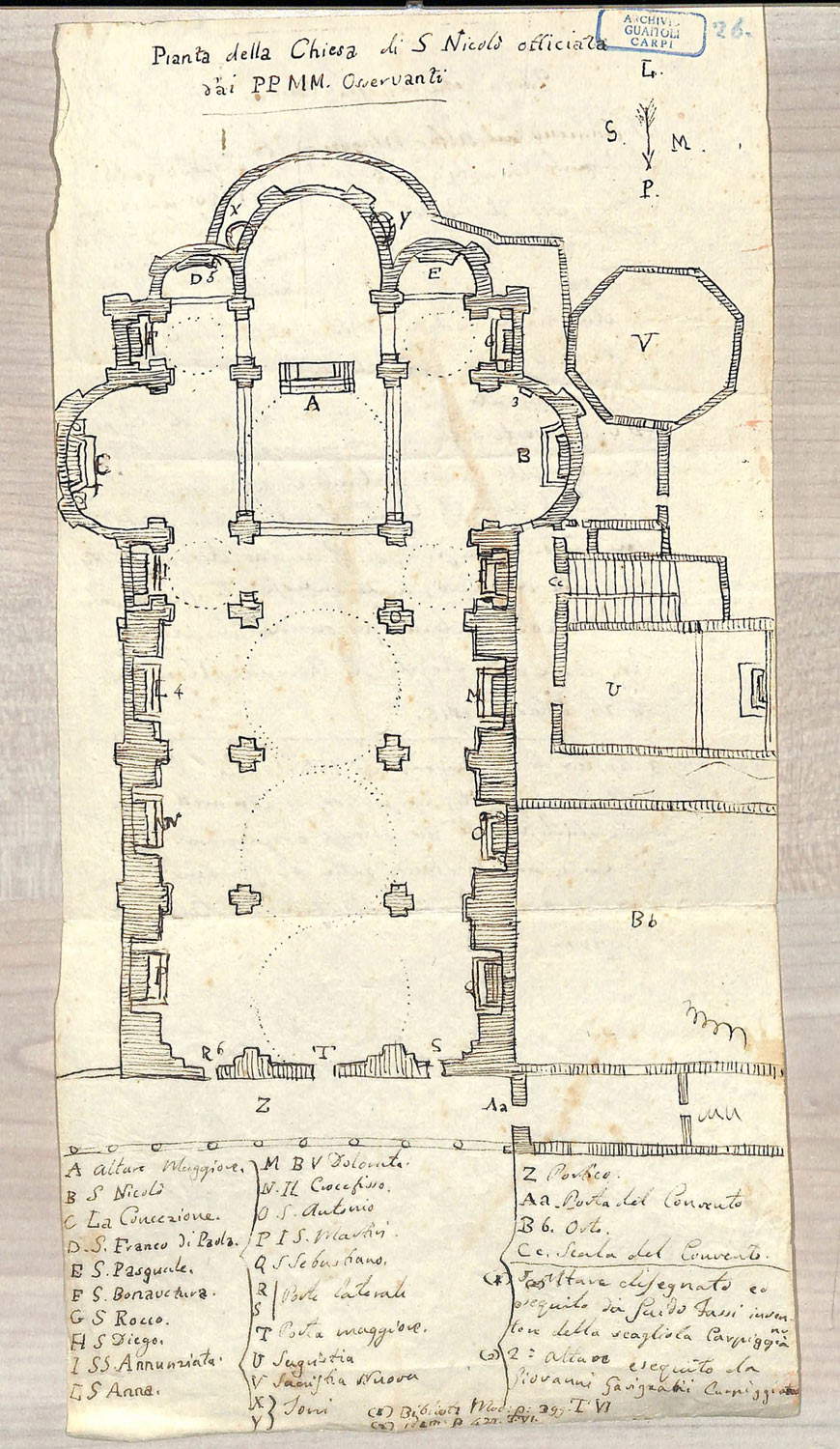 Plano de la iglesia de San Nicolò con las pinturas existentes (posterior a 1744; tinta sobre pergamino; Carpi, Archivo Histórico Municipal) Plano de la iglesia de San Nicolò con las pinturas existentes (posterior a 1744; tinta sobre pergamino; Carpi, Archivo Histórico Municipal)