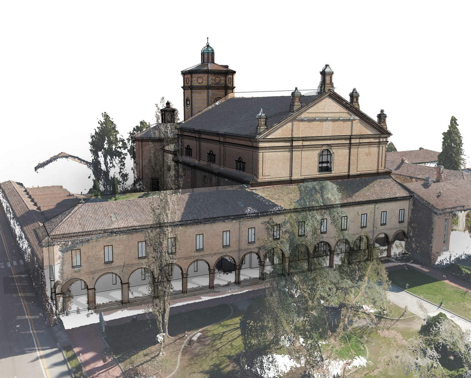 Vista en perspectiva del complejo de San Nicolò. El levantamiento topográfico como base del modelo BIM Modelado 3D Universidad de Padua, DICEA Vista en perspectiva del complejo de San Nicolò. El levantamiento topográfico como base del modelo BIM Modelado 3D Universidad de Padua, DICEA