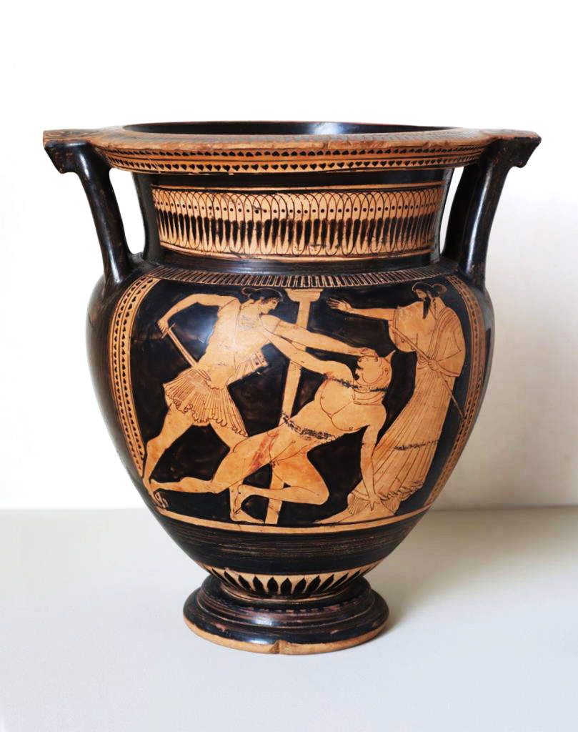 Potière attique, cratère à figures rouges avec Thésée tuant le Minotaure (500-450 av. J.-C. ; poterie ; Comacchio, Museo del Delta Antico)