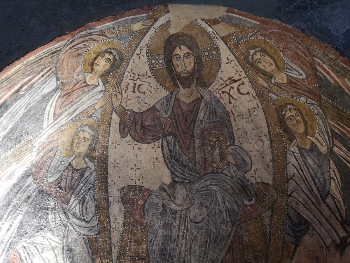 Lentini, fresco of Christ Pantocrator in the rock church of the Crucifix restored 