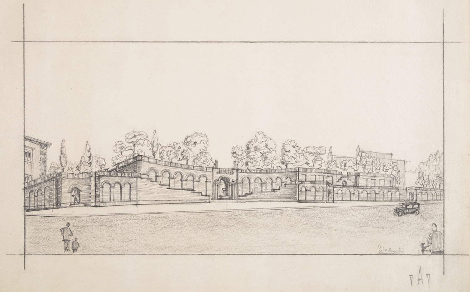 S. De Angelis, Ipotesi di sistemazione del muro di Villa Rivaldi su Via dell'Impero (1932; Bleistift auf Papier; Rom, Museo di Roma, Gabinetto delle Stampe, MR 42232) S. De Angelis, Ipotesi di sistemazione del muro di Villa Rivaldi su Via dell'Impero (1932; Bleistift auf Papier; Rom, Museo di Roma, Gabinetto delle Stampe, MR 42232)