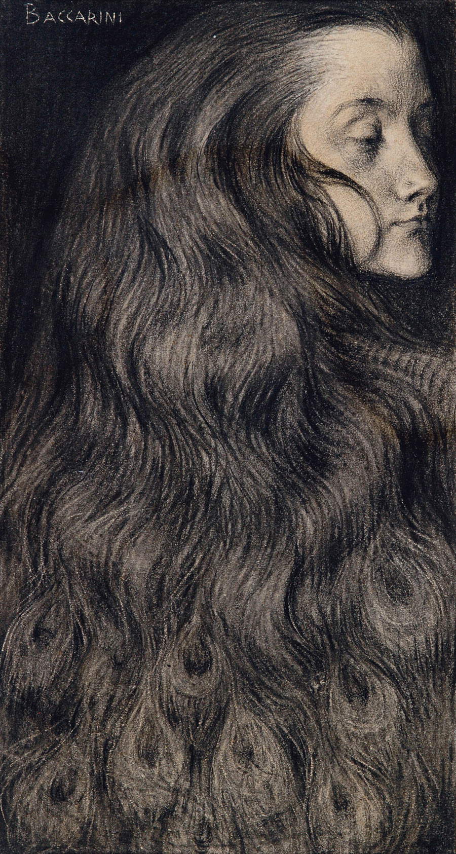 Domenico Baccarini, Pavonessa (1904; matita Conté e carboncino su carta colorata, 285 x 155 mm; Faenza, Pinacoteca Comunale) Domenico Baccarini, Pavonessa (1904; matita Conté e carboncino su carta colorata, 285 x 155 mm; Faenza, Pinacoteca Comunale)
