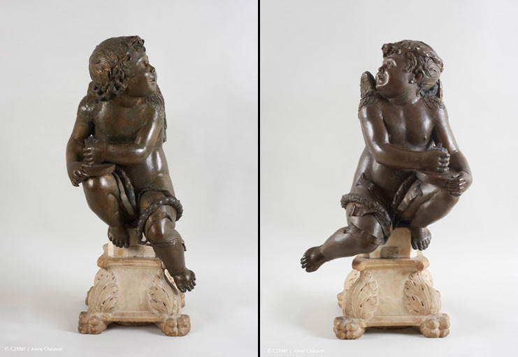 Donatello, Due Spiritelli portacero, dalla Cantoria di Luca della Robbia per la Cattedrale di Santa Maria del Fiore a Firenze (1436-1438 circa; bronzo, con tracce di doratura, basi in marmo bianco non pertinenti, 58,5 × 42 × 28 cm la figura volta a sinistra, 65 × 32,5× 22 cm la figura volta a destra; Parigi, Institut de France, Musée Jacquemart-André, invv. M JAP-S) Donatello, Due Spiritelli portacero, dalla Cantoria di Luca della Robbia per la Cattedrale di Santa Maria del Fiore a Firenze (1436-1438 circa; bronzo, con tracce di doratura, basi in marmo bianco non pertinenti, 58,5 × 42 × 28 cm la figura volta a sinistra, 65 × 32,5× 22 cm la figura volta a destra; Parigi, Institut de France, Musée Jacquemart-André, invv. M JAP-S)  1773-1 e 2