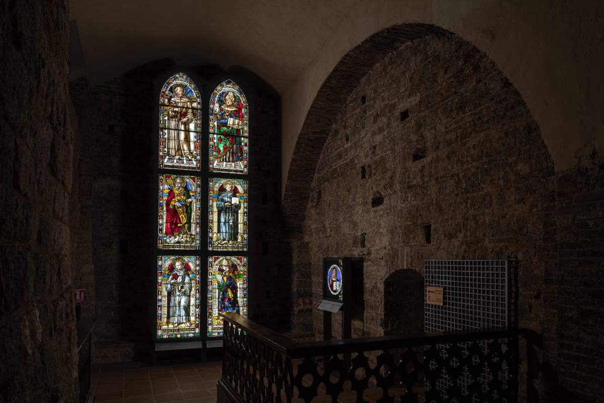 Siena, three stained glass windows from Ghirlandaio's workshop in the cathedral crypt once again visible