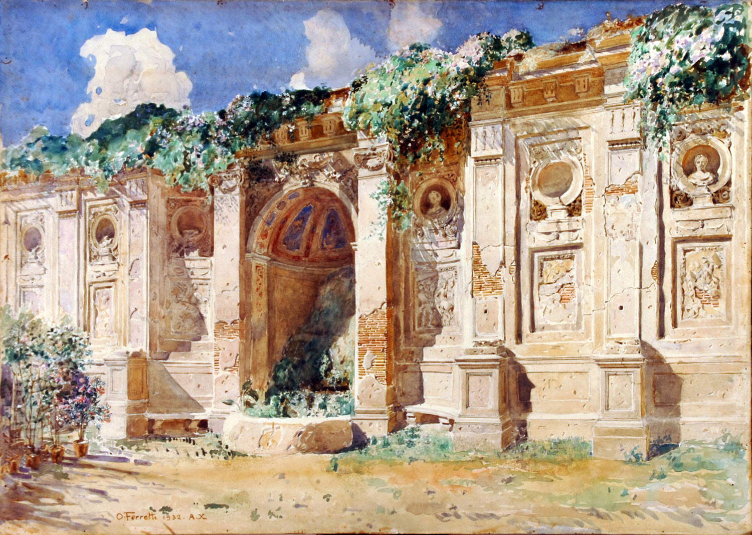 O. Ferretti, Giardino di Villa Rivaldi. Renaissance-Stützmauer mit Nischen, die auf einer antiken Struktur ruht (1932; Aquarell auf Karton; Rom, Museo di Roma, Gabinetto delle Stampe, MR 886) O. Ferretti, Giardino di Villa Rivaldi. Renaissance-Stützmauer mit Nischen, die auf einer antiken Struktur ruht (1932; Aquarell auf Karton; Rom, Museo di Roma, Gabinetto delle Stampe, MR 886)