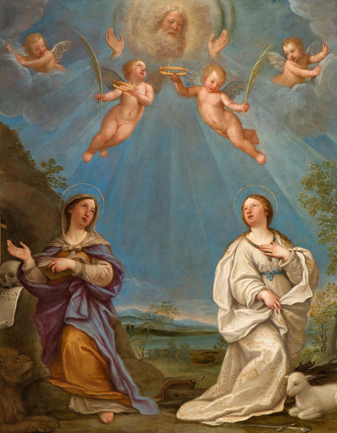 Francesco Albani, El Padre Eterno se aparece a las santas Tecla e Inés (óleo sobre cobre, 52,5 x 40,5 cm). Presentado por la Galería Pietro Cantore Francesco Albani, El Padre Eterno se aparece a las santas Tecla e Inés (óleo sobre cobre, 52,5 x 40,5 cm). Presentado por la Galería Pietro Cantore