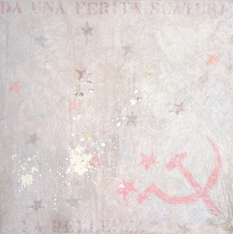 Franco Angeli, De una herida surgió la belleza (principios de los 60; esmalte, acrílico y escayola sobre lienzo, 100 x 100 cm; Colección particular) Franco Angeli, De una herida surgió la belleza (principios de los 60; esmalte, acrílico y escayola sobre lienzo, 100 x 100 cm; Colección particular)