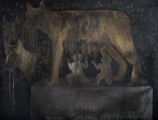 Franco Angeli, Natale di Roma (1964; esmalte y veladura sobre lienzo, 155 x 200 cm; Colección particular) Franco Angeli, Natale di Roma (1964; esmalte y veladura sobre lienzo, 155 x 200 cm; Colección particular)