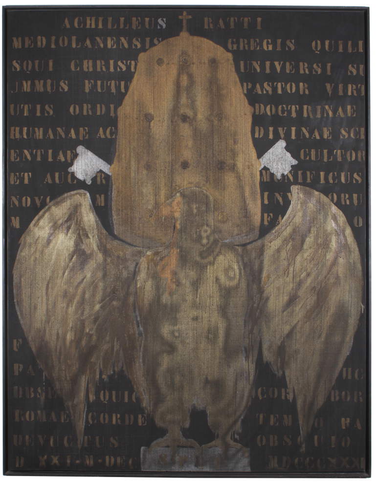 Franco Angeli, Escudo pontificio (1964; técnica mixta sobre lienzo con veladura, 200 x 155 cm; colección particular) Franco Angeli, Escudo pontificio (1964; técnica mixta sobre lienzo con veladura, 200 x 155 cm; colección particular)