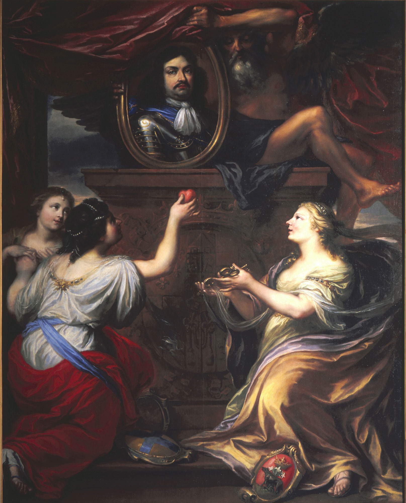 Frans and Jacob Denys, Time Shows the Portrait of Ranuccio II to the Allegorical Figures of Parma, Piacenza, and Castro (second half 17th century; oil on canvas, 232 x182 cm; Parma, Complesso Monumentale della Pilotta)