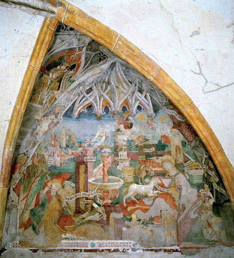 Friedrich Pacher, La caccia all'unicorno (1496 circa; affresco; Bolzano, Chiesa dei Domenicani) Friedrich Pacher, La caccia all'unicorno (1496 circa; affresco; Bolzano, Chiesa dei Domenicani)