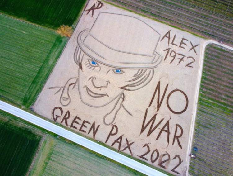 Gambarin's latest work is a warning against all war: A Clockwork Orange appears on a field. 