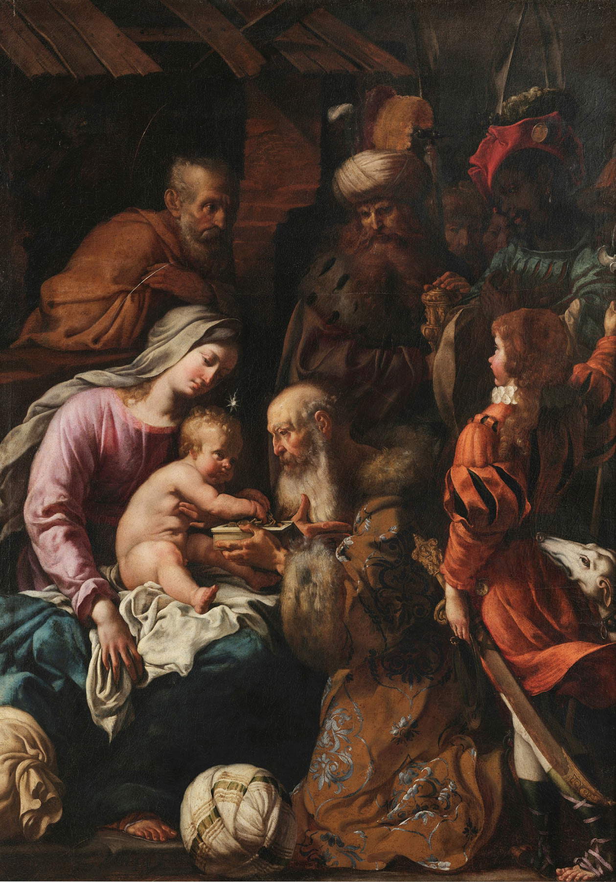 Luigi Miradori conocido como el Genovesino, Adoración de los Magos (c. 1640; óleo sobre lienzo, 240 x 178 cm; Parma, Galleria Nazionale, n.º de inv. GN 223)