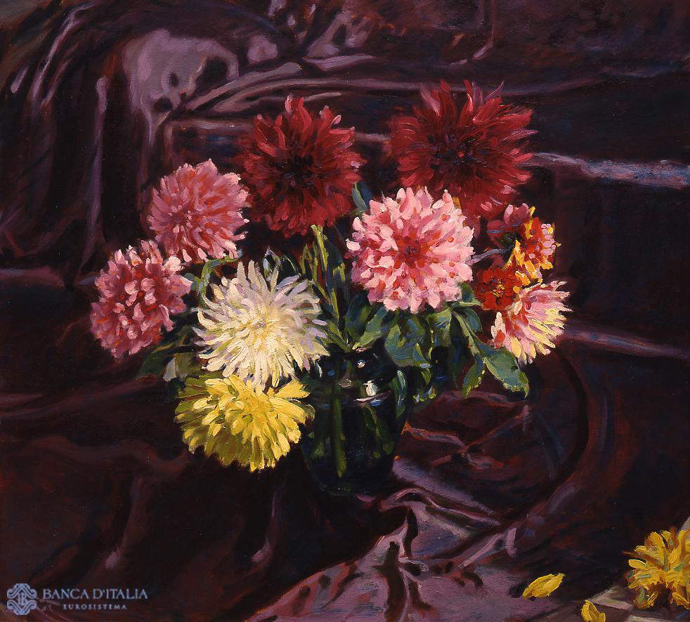 Giacomo Balla, Bright Dahlias (1940; oil on panel, 101 x 112 cm; Bank of Italy Collection)