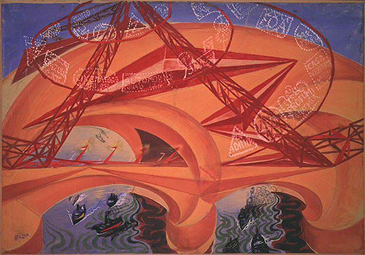 Giacomo Balla, Il ponte della velocità (1913-1915; tempera e collage su carta su tela, 91 x 133,5 cm; Roma, Galleria Nazionale d’Arte Moderna e Contemporanea). © GIACOMO BALLA, by SIAE 2022 Giacomo Balla, Il ponte della velocità (1913-1915; tempera e collage su carta su tela, 91 x 133,5 cm; Roma, Galleria Nazionale d’Arte Moderna e Contemporanea). © GIACOMO BALLA, by SIAE 2022