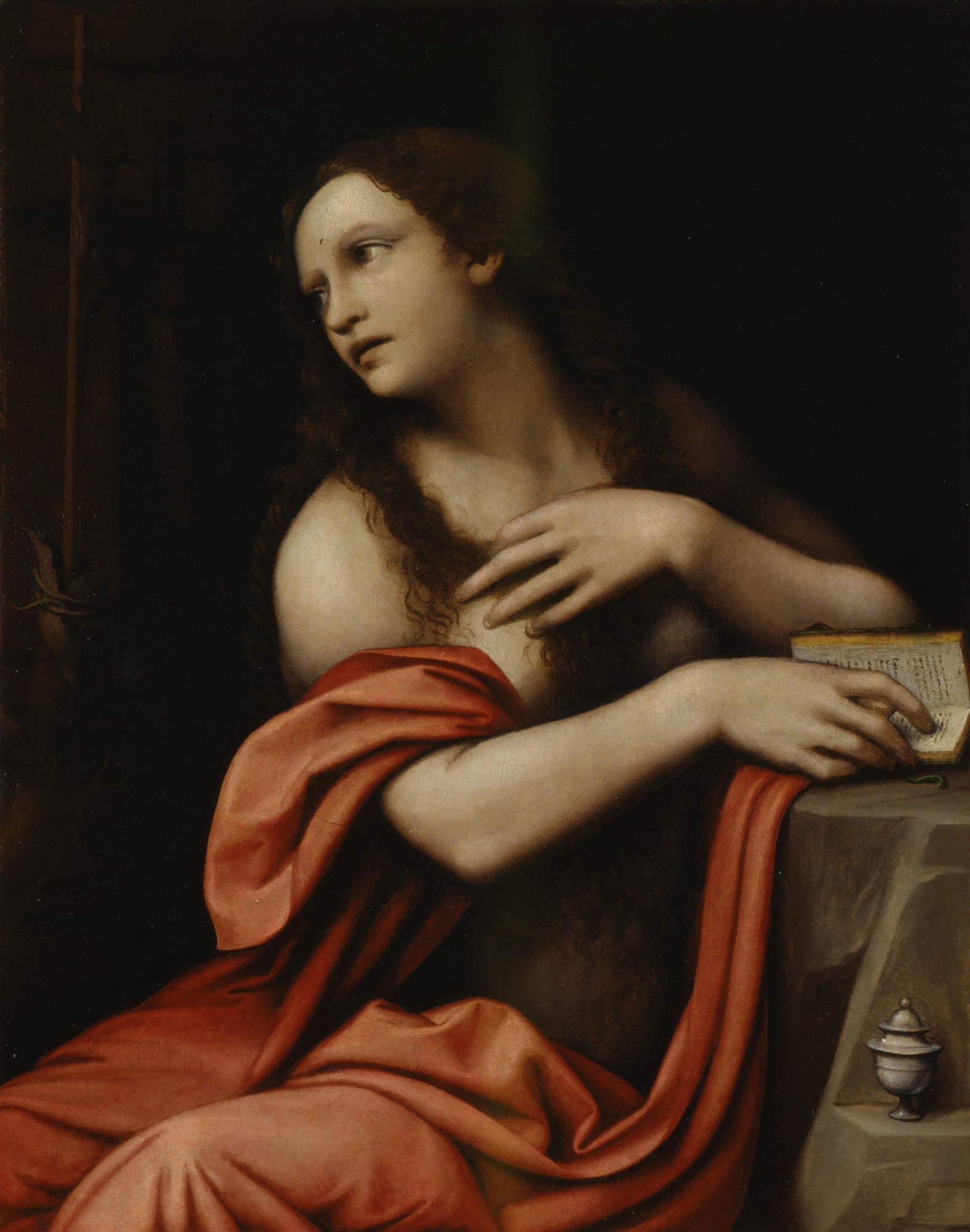 Giampietrino, Maddalena seduta in preghiera davanti al Crocifisso (olio su tavola trasportato su tela; Milano, Castello Sforzesco) Giampietrino, Maddalena seduta in preghiera davanti al Crocifisso (olio su tavola trasportato su tela; Milano, Castello Sforzesco)