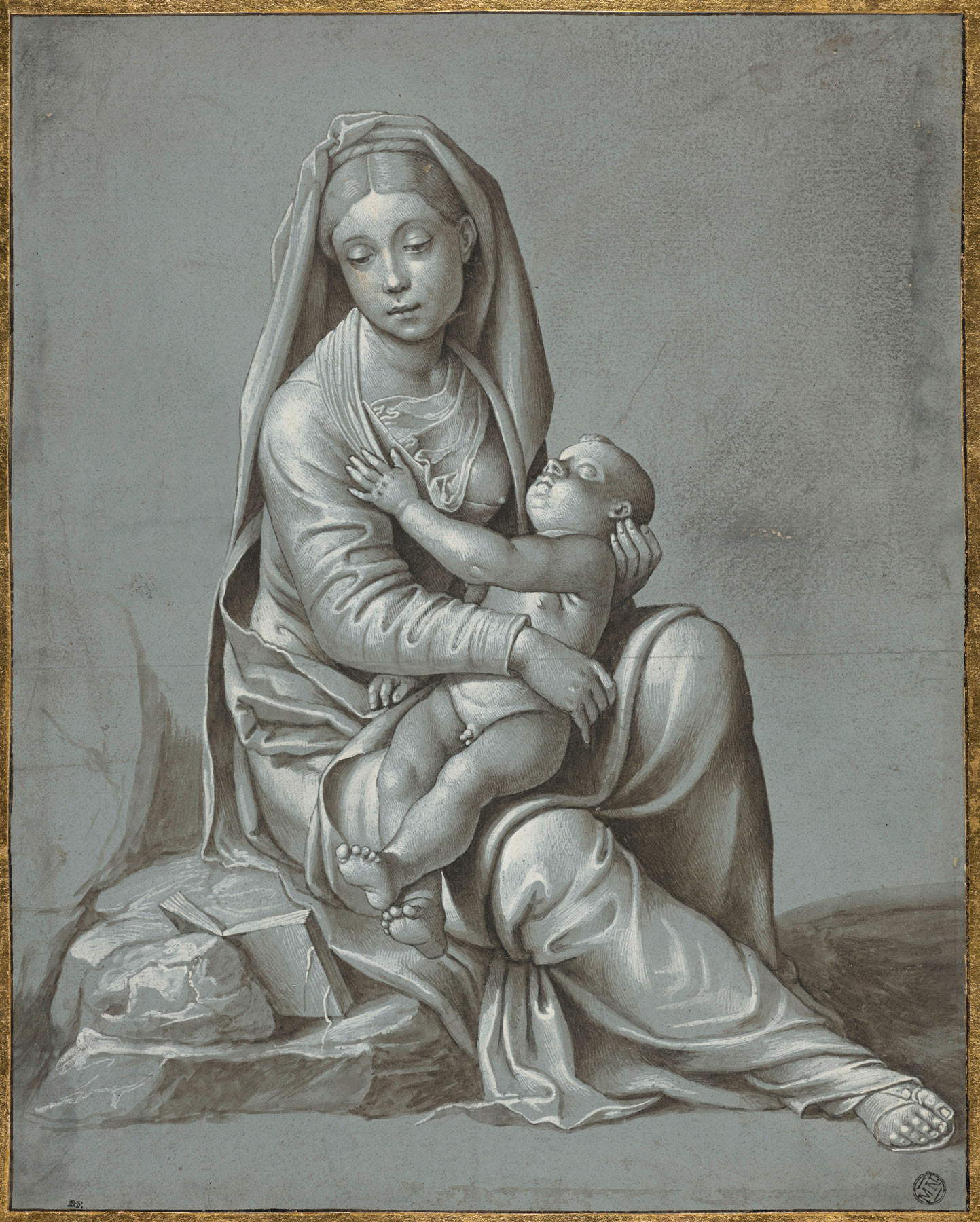 Giovan Francesco Caroto, Madonna mit Kind auf einem Felsen sitzend (1530; Pinsel, braunes Aquarell, weiße Bleilinien, auf grauem präpariertem Papier, 372 x 297 mm; Paris, Mus&eacute;e du Louvre, D&eacute;partment des Arts graphiques). &copy; Rmn Grand Palais / Dist. Foto Scala, Florenz