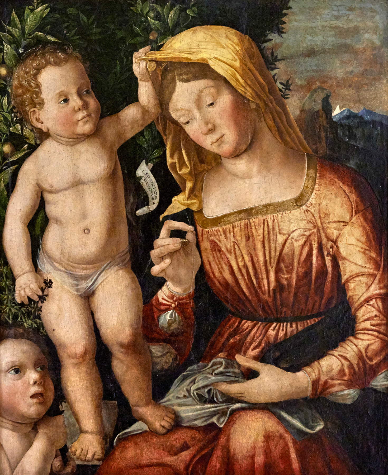 Giovan Francesco Caroto, Madonna und Kind mit dem Heiligen Johannes (Madonnensticker) (1501; Öl auf Tafel, 48 x 39 cm; Modena, Galleria Estense)