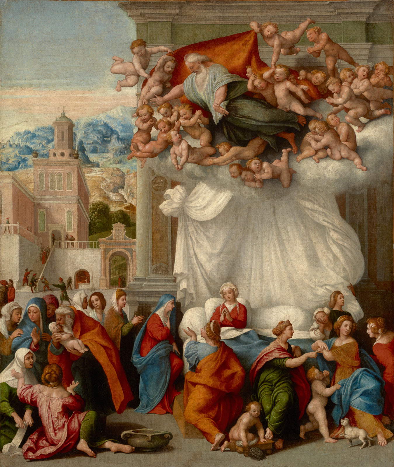 Giovan Francesco Caroto, Die Geburt Mariens (um 1530; Öl auf Leinwand, 72,5 x 61 cm; Hermannstadt, Muzel National Brukenthal)