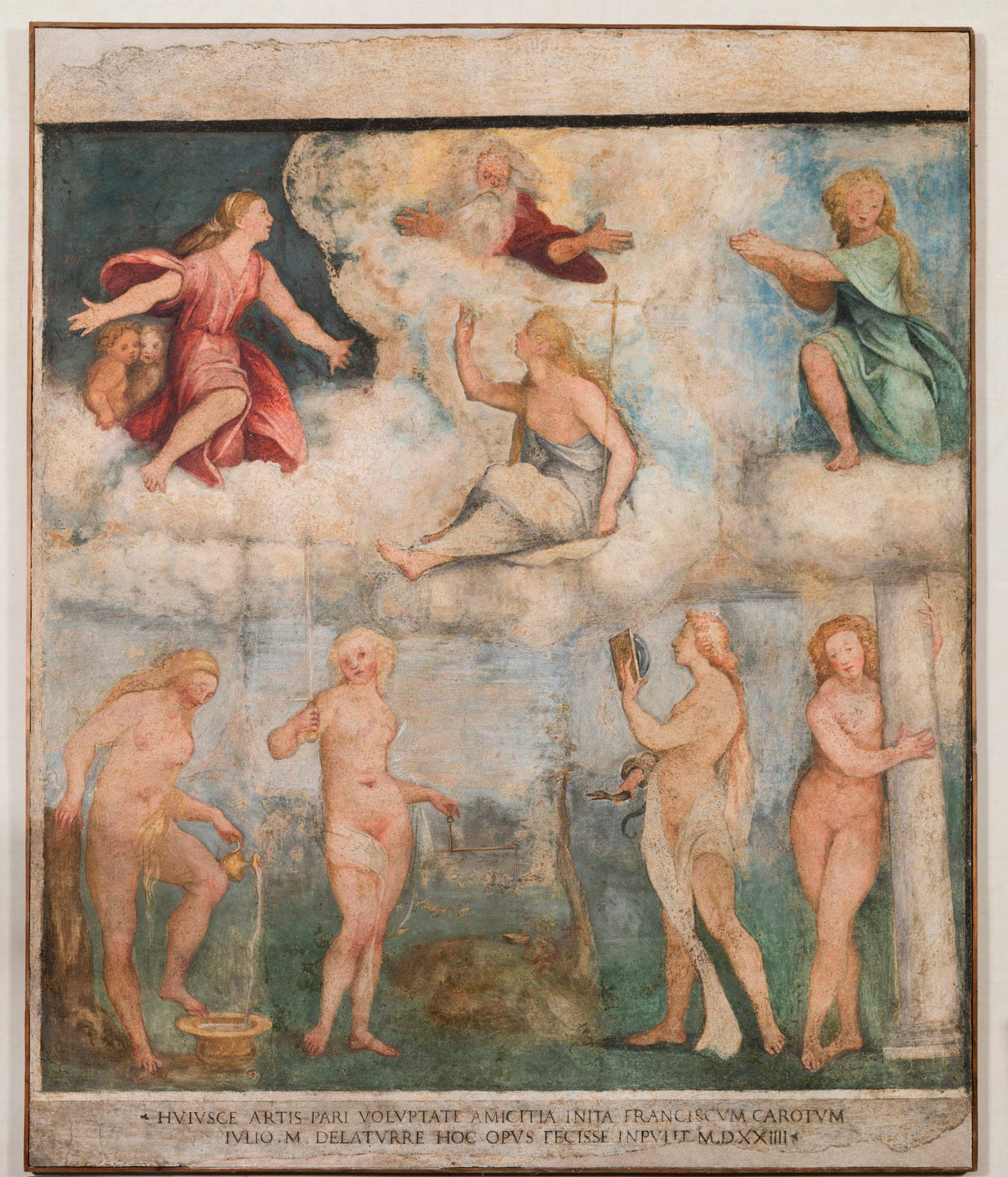 Giovan Francesco Caroto, Der Ewige Vater und die sieben Tugenden (1524; Wandgemälde, transportiert auf Tafel, 212 x 173 cm). Privatsammlung &copy; Gardaphoto, Sal&ograve;