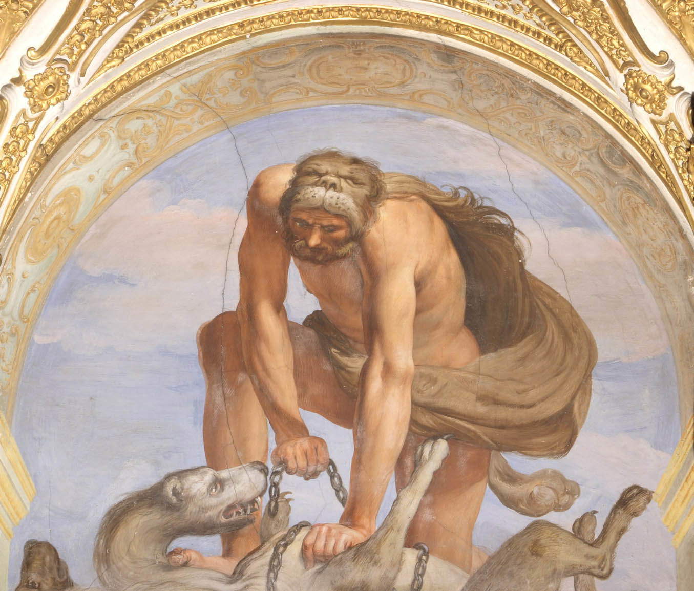 Giovanni Battista Carlone, Ercole incatena Cerbero (1655 circa; affresco; Genova, Palazzo Reale) Giovanni Battista Carlone, Ercole incatena Cerbero (1655 circa; affresco; Genova, Palazzo Reale)