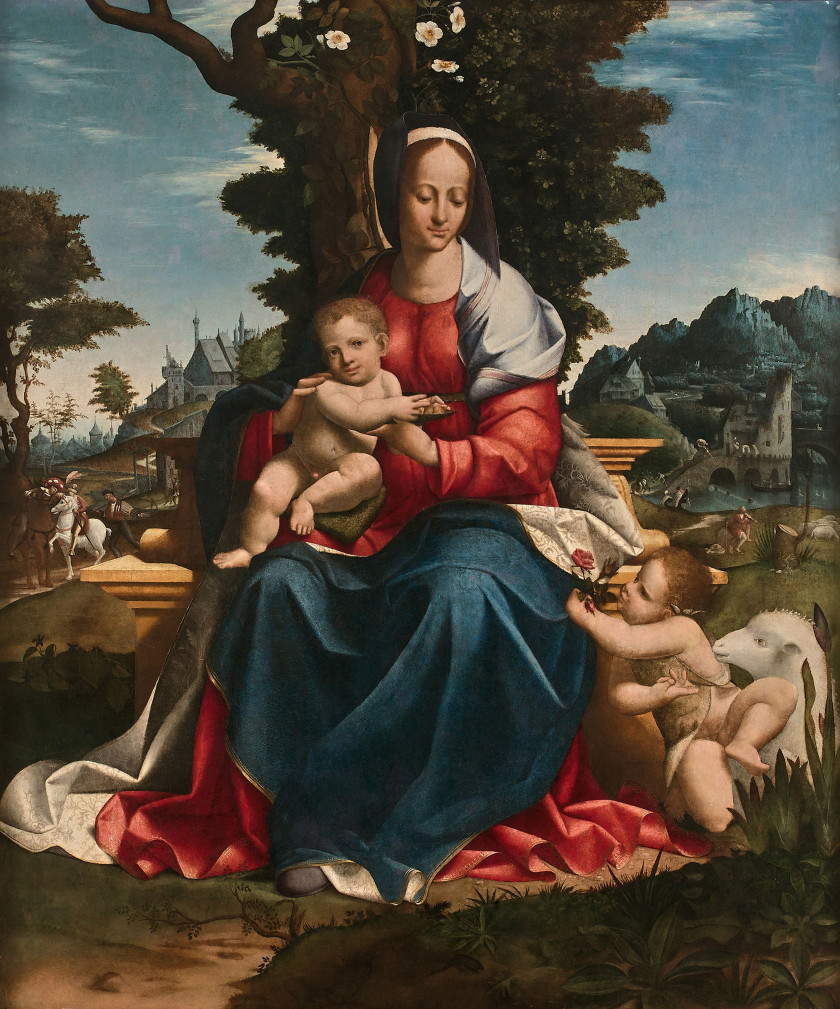Girolamo Alibrandi, Virgen con el Niño y San Juan Bautista (siglo XVI; óleo sobre tabla transportado sobre lienzo, 131 x 111 cm) Girolamo Alibrandi, Virgen con el Niño y San Juan Bautista (siglo XVI; óleo sobre tabla transportado sobre lienzo, 131 x 111 cm)