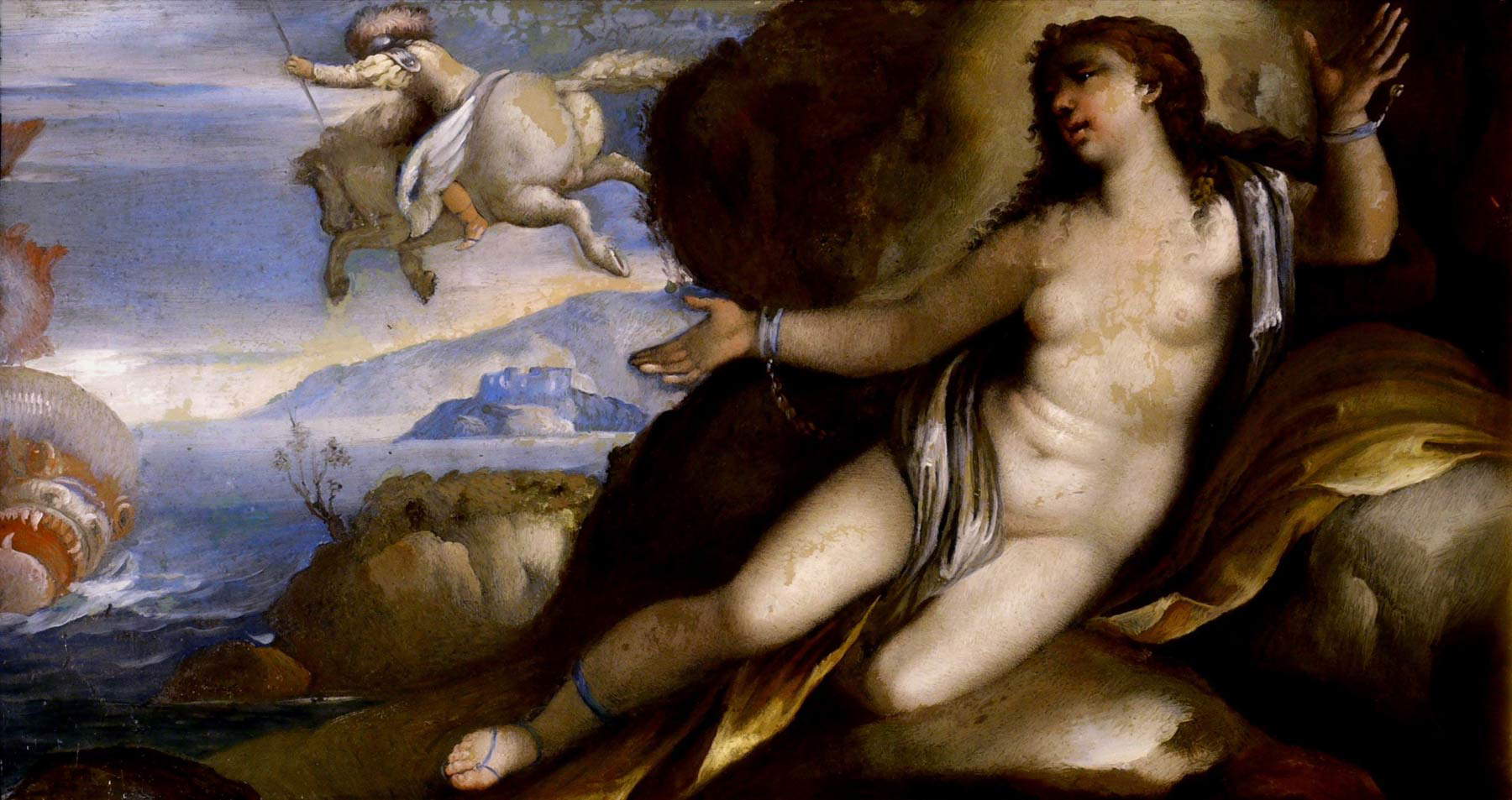 Girolamo Cenatiempo, Perseo libera Andromeda (fine del primo decenniod el XVIII secolo; olio su vetro, 22,1 x 39,6 cm; Museo Nazionale di Matera, Museo Nazionale d&rsquo;Arte Medievale e Moderna della Basilicata in Palazzo Lanfranchi, Collezione Camillo d'Errico di Palazzo San Gervasio)