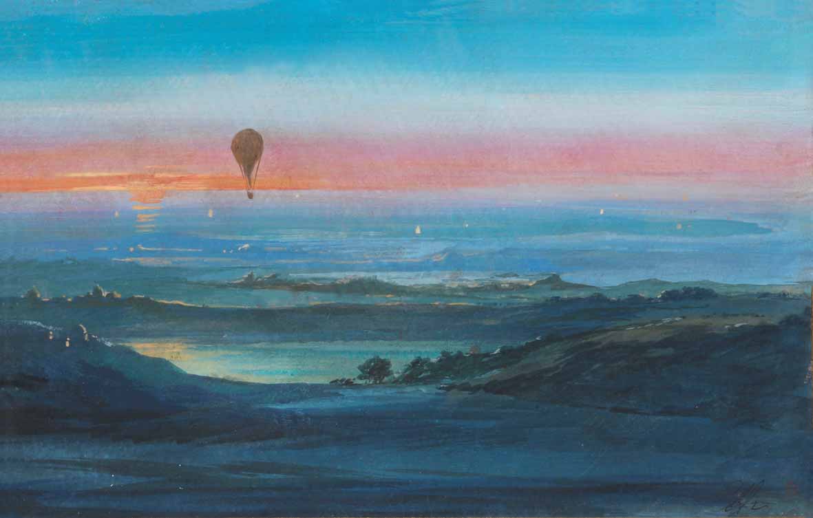 Ippolito Caffi, Ascensión en globo sobre la campiña romana (1847; temple sobre cartón, 14 x 22,5 cm). Presentado por Antonacci Lapiccirella Ippolito Caffi, Ascensión en globo sobre la campiña romana (1847; temple sobre cartón, 14 x 22,5 cm). Presentado por Antonacci Lapiccirella