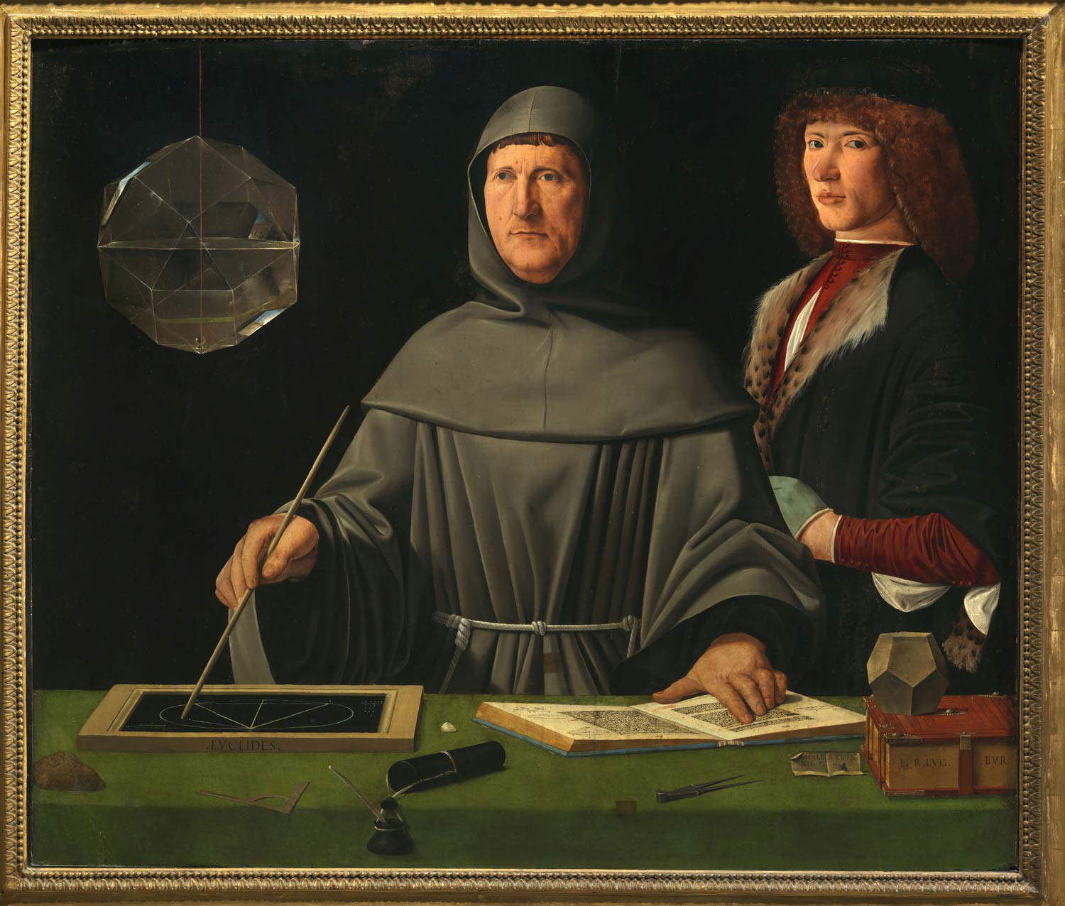 Jacopo de' Barbari, Ritratto di Luca Pacioli (1495 circa; olio su tavola, 99 x 120 cm; Napoli, Museo Nazionale di Capodimonte) Jacopo de' Barbari, Ritratto di Luca Pacioli (1495 circa; olio su tavola, 99 x 120 cm; Napoli, Museo Nazionale di Capodimonte)