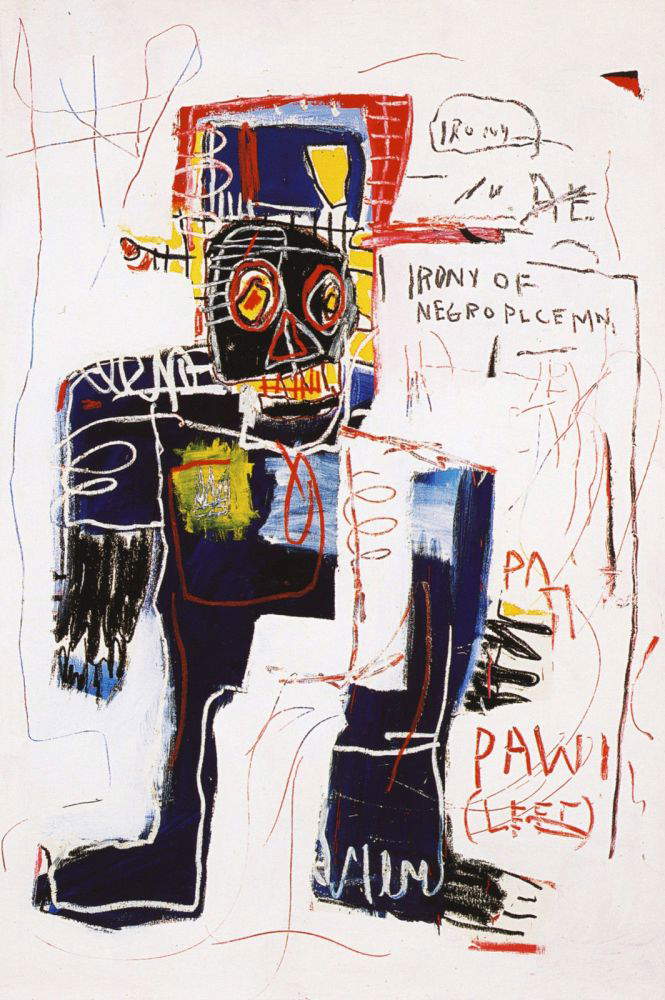 Jean-Michel Basquiat, Irony of Negro Policemen (1981; acrilico e olio su tavola, 122 x 183 cm; Collezione privata) Jean-Michel Basquiat, Irony of Negro Policemen (1981; acrilico e olio su tavola, 122 x 183 cm; Collezione privata)