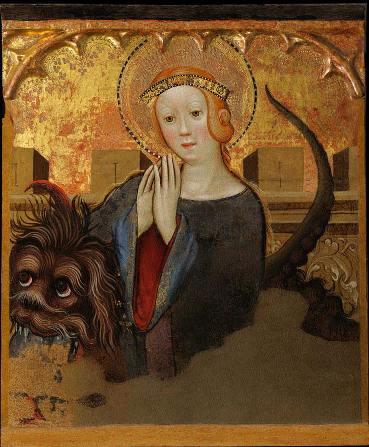 Joan Matés, Sainte Marguerite d'Antioche, détail du retable de l'Annonciation (vers 1410-1412 ; tempera et or sur panneau ; Cagliari, Pinacoteca Nazionale) Joan Matés, Sainte Marguerite d'Antioche, détail du retable de l'Annonciation (vers 1410-1412 ; tempera et or sur panneau ; Cagliari, Pinacoteca Nazionale)