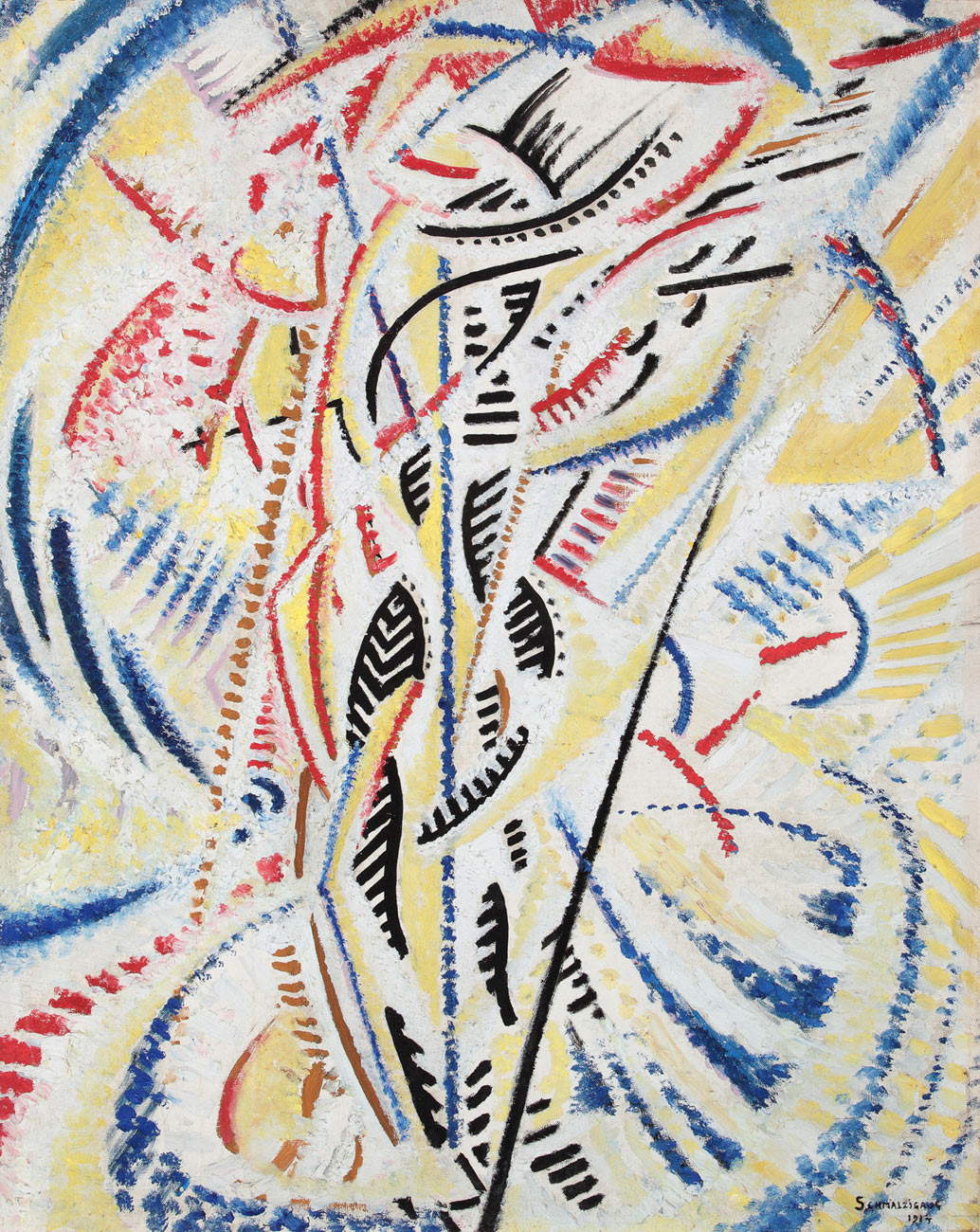 Jules Schmalzigaug, Sviluppo di un ritmo: Luce elettrica + 2 danzatrici (1914; olio su tela, 81 x 65 cm; Anversa, FIBAC Antwerp) Jules Schmalzigaug, Sviluppo di un ritmo: Luce elettrica + 2 danzatrici (1914; olio su tela, 81 x 65 cm; Anversa, FIBAC Antwerp)
