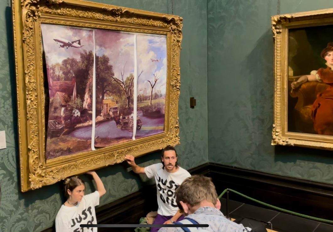 London, protest against fossil fuels and damage Constable's masterpiece