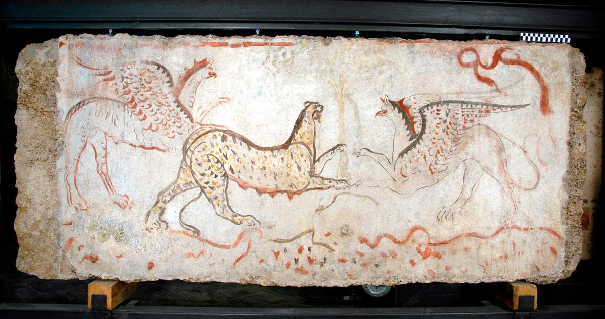 Lukanische Kunst, Kampf zwischen Löwin und Greifen (4. Jahrhundert v. Chr.; Fresko; Paestum, Archäologisches Nationalmuseum)