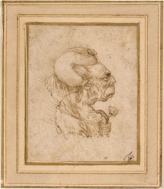 Leonardo da Vinci, Testa grottesca di vecchia (1489-1490; penna e inchiostro bruno su carta, 64 x 51 mm; Washington, National Gallery of Art) Leonardo da Vinci, Testa grottesca di vecchia (1489-1490; penna e inchiostro bruno su carta, 64 x 51 mm; Washington, National Gallery of Art)