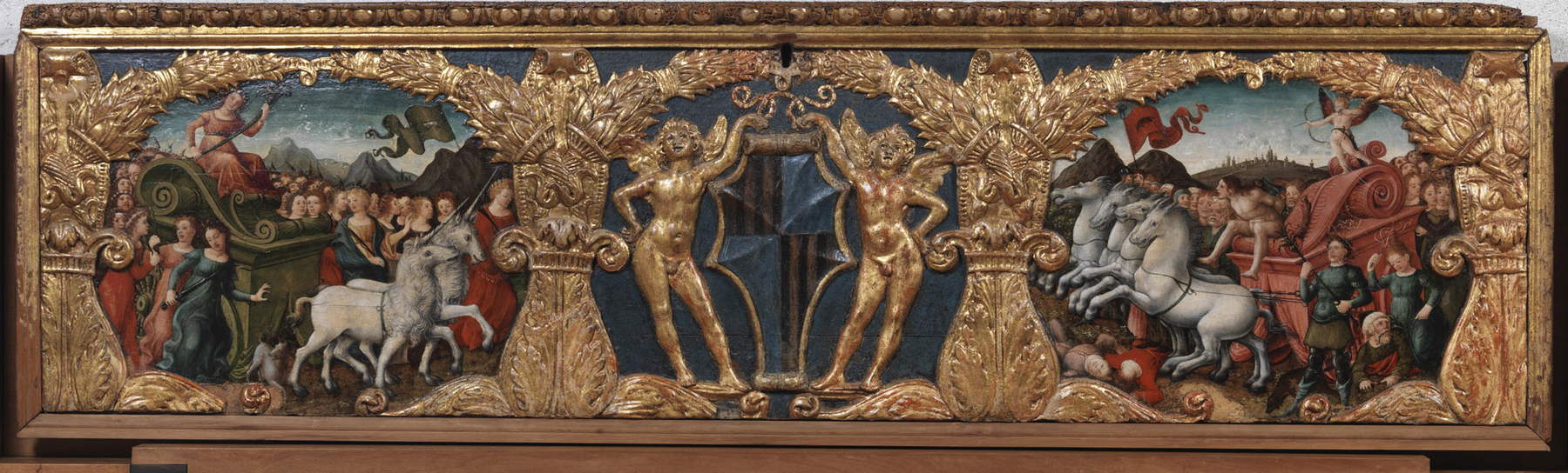 Liberale Bonfanti, bekannt als Liberale da Verona, Triumph der Keuschheit und Triumph der Liebe (um 1480; Mischtechnik auf Leinwand, auf eine Platte geklebt, 56 &times; 191,5 &times; 6,5 cm; Verona, Musei Civici - Museo di Castelvecchio). &copy; Gardaphoto, Sal&ograve;