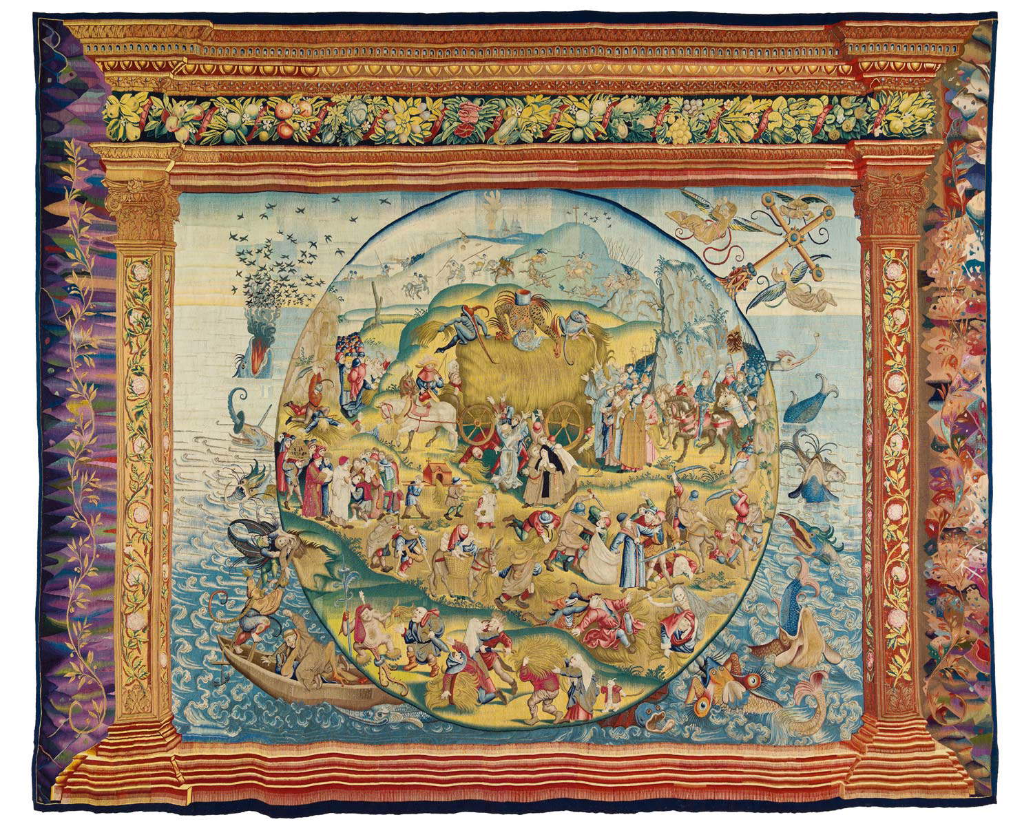 Manifattura di Bruxelles, Il carro di fieno (Tribolazioni della vita umana) (1550-1570 circa; arazzo; Madrid, Palazzo Reale, Patrimonio Nacional). &copy; Patrimonio Nacional