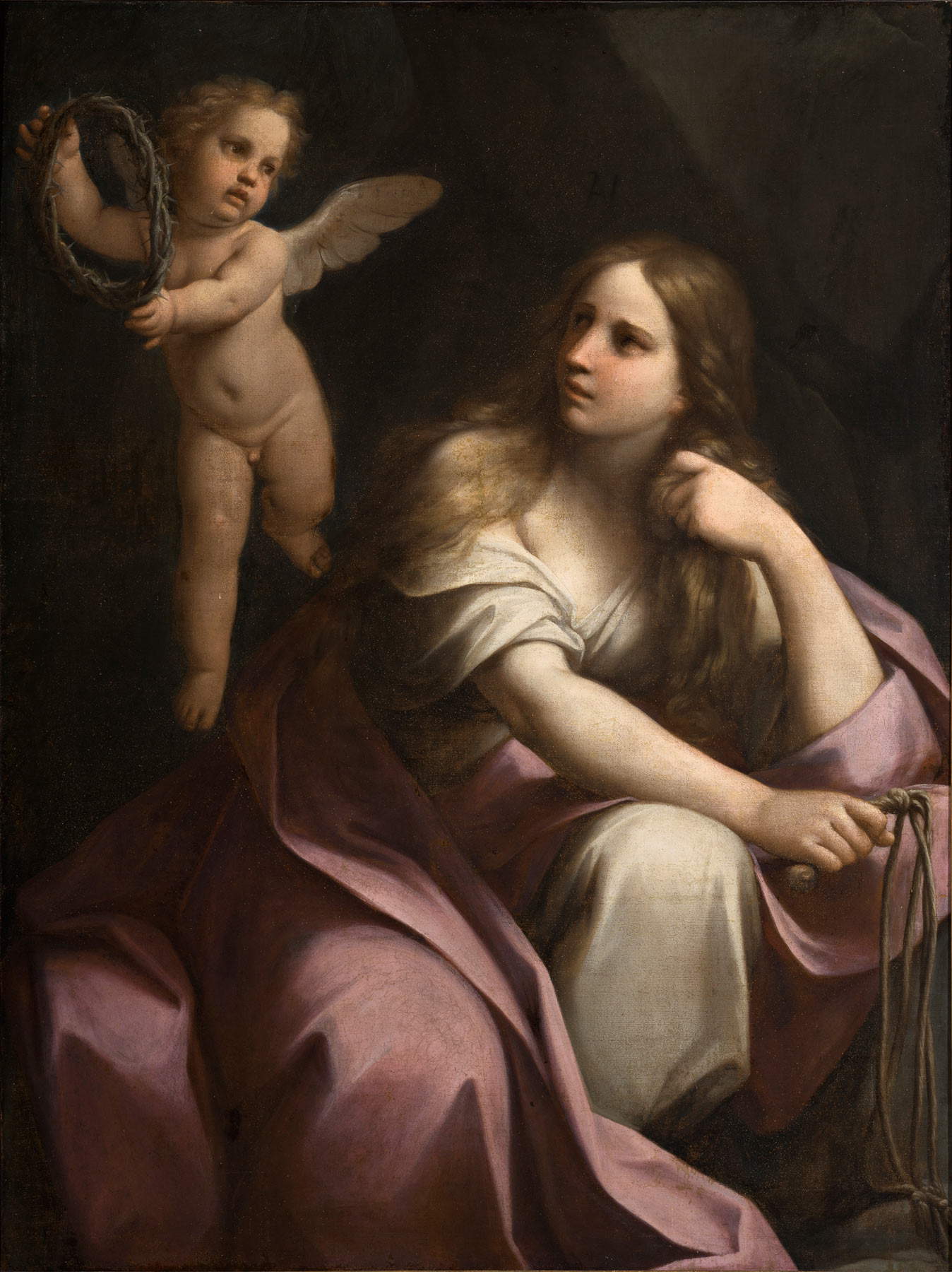 Marcantonio Franceschini, Penitent Magdalene with angel in flight holding crown of thorns (oil on canvas, 151 x 114 - 169 x 132 cm) Marcantonio Franceschini, Penitent Magdalene with angel in flight holding crown of thorns (oil on canvas, 151 x 114 - 169 x 132 cm)