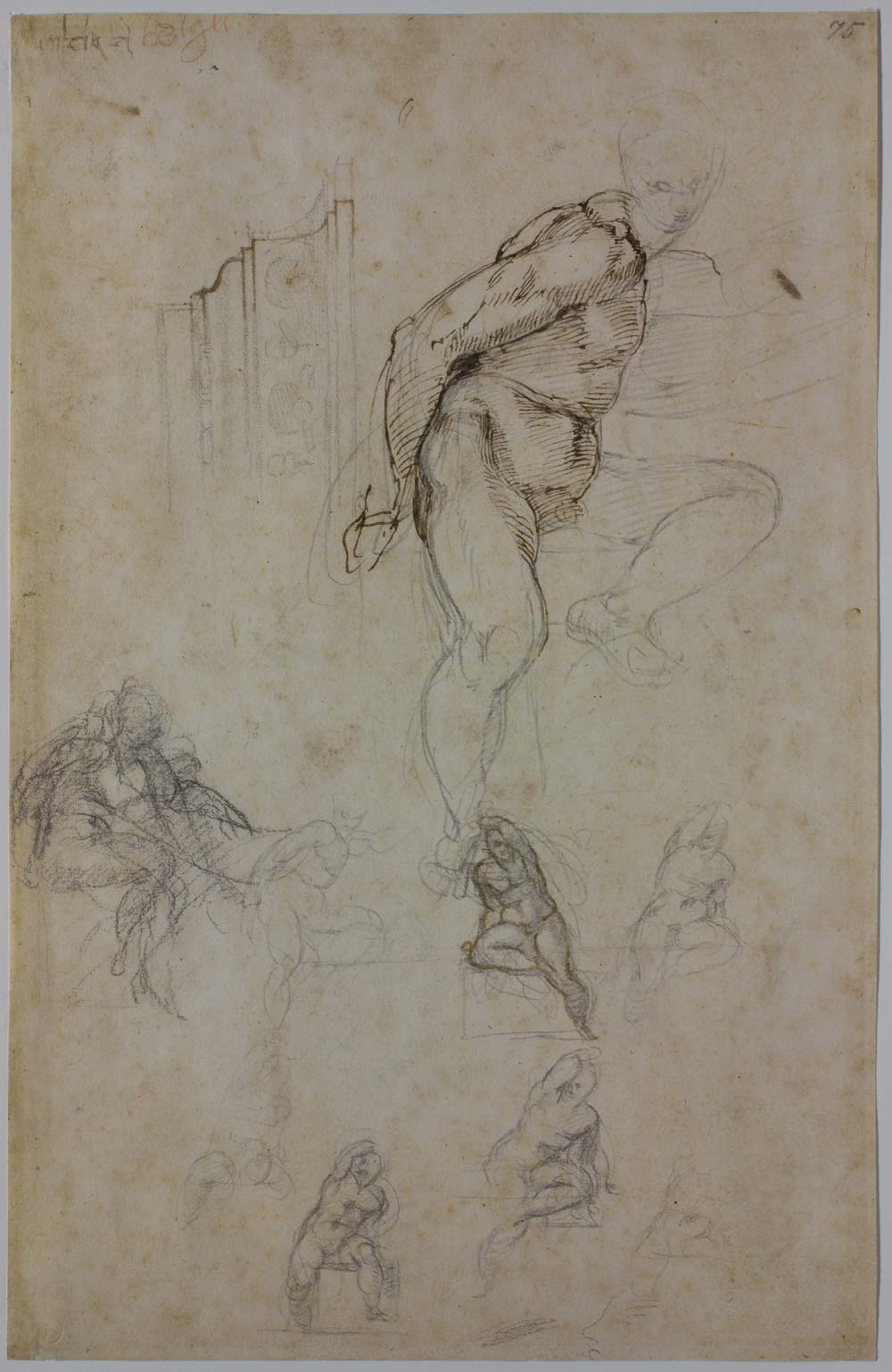 Michelangelo Buonarroti, Studies of Nudes and a Corniche for the Sistine Vault (c. 1508; black pencil, black charcoal, pen, 414 × 271 mm; Florence, Casa Buonarotti, inv. 75 F) Michelangelo Buonarroti, Studies of Nudes and a Corniche for the Sistine Vault (c. 1508; black pencil, black charcoal, pen, 414 × 271 mm; Florence, Casa Buonarotti, inv. 75 F)