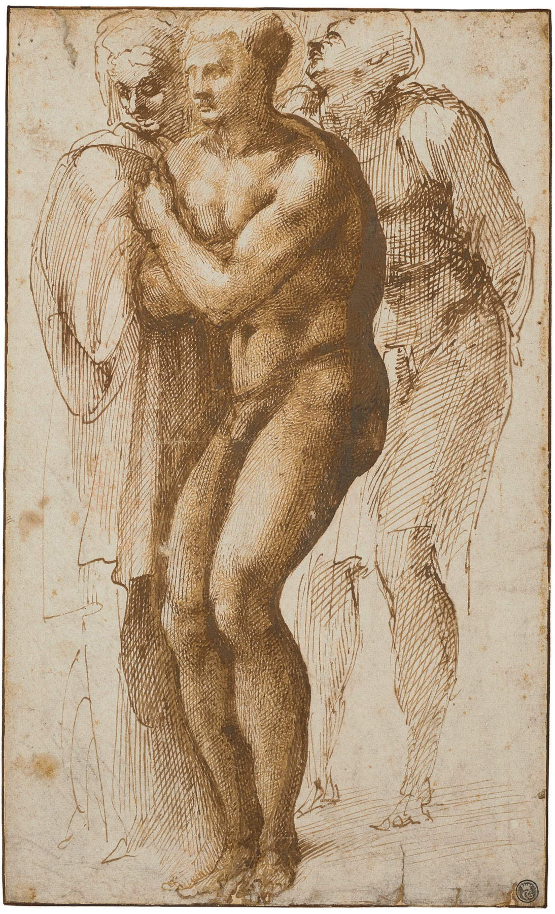 Michel-Ange, Nu masculin de Masaccio (fin du XVe siècle ; encre brune sur papier, 330 x 200 mm ; collection privée) Michel-Ange, Nu masculin de Masaccio (fin du XVe siècle ; encre brune sur papier, 330 x 200 mm ; collection privée)
