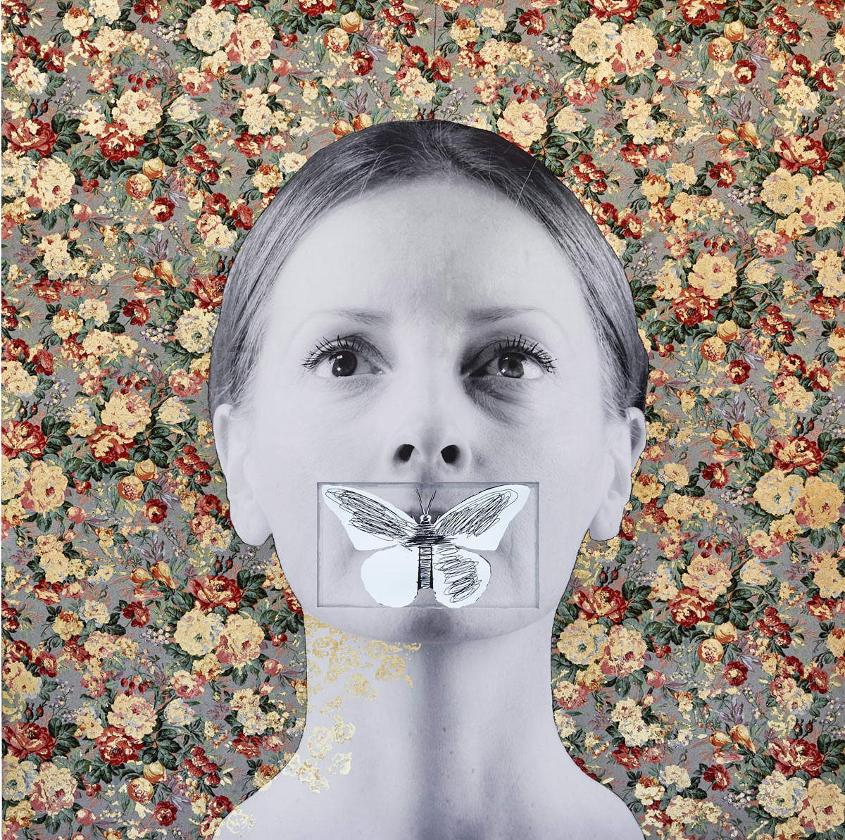 Michele Tombolini, The Adult (2022; mixed media on wood, collage, photography, gold leaf, digital reproduction on monitor, 200 x 200 cm) Michele Tombolini, The Adult (2022; mixed media on wood, collage, photography, gold leaf, digital reproduction on monitor, 200 x 200 cm)