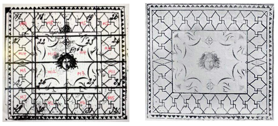 Left, the division of the mosaic into sixteen pieces; right, the image in the documents of the Central State Archives