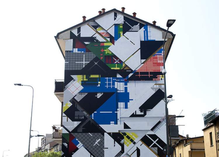 Peinture murale inspirée de Mondrian à Milan par l'artiste néerlandais Zedz 