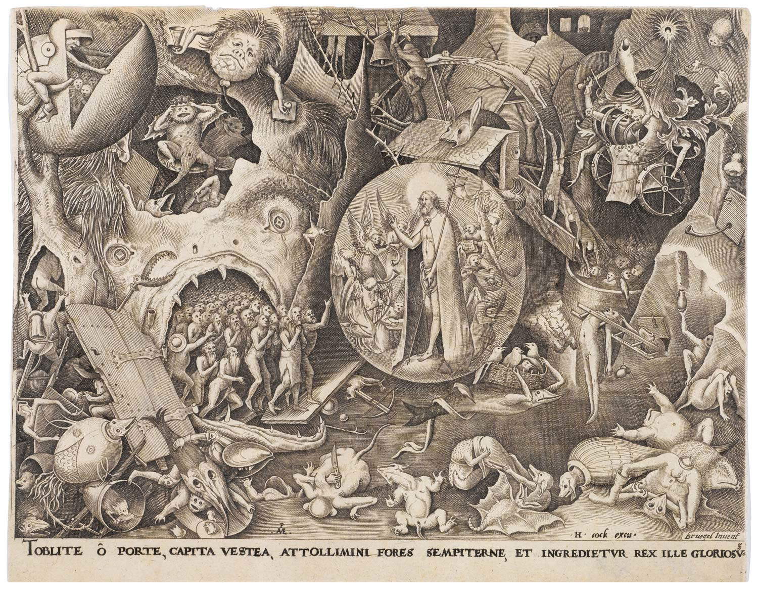 Pieter Van der Heyden (a partir de un dibujo de Pieter Bruegel el Viejo), Descenso de Cristo al Limbo (c. 1561; buril; Milán, Civica Raccolta delle Stampe  Pieter Van der Heyden (a partir de un dibujo de Pieter Bruegel el Viejo), Descenso de Cristo al Limbo (c. 1561; buril; Milán, Civica Raccolta delle Stampe