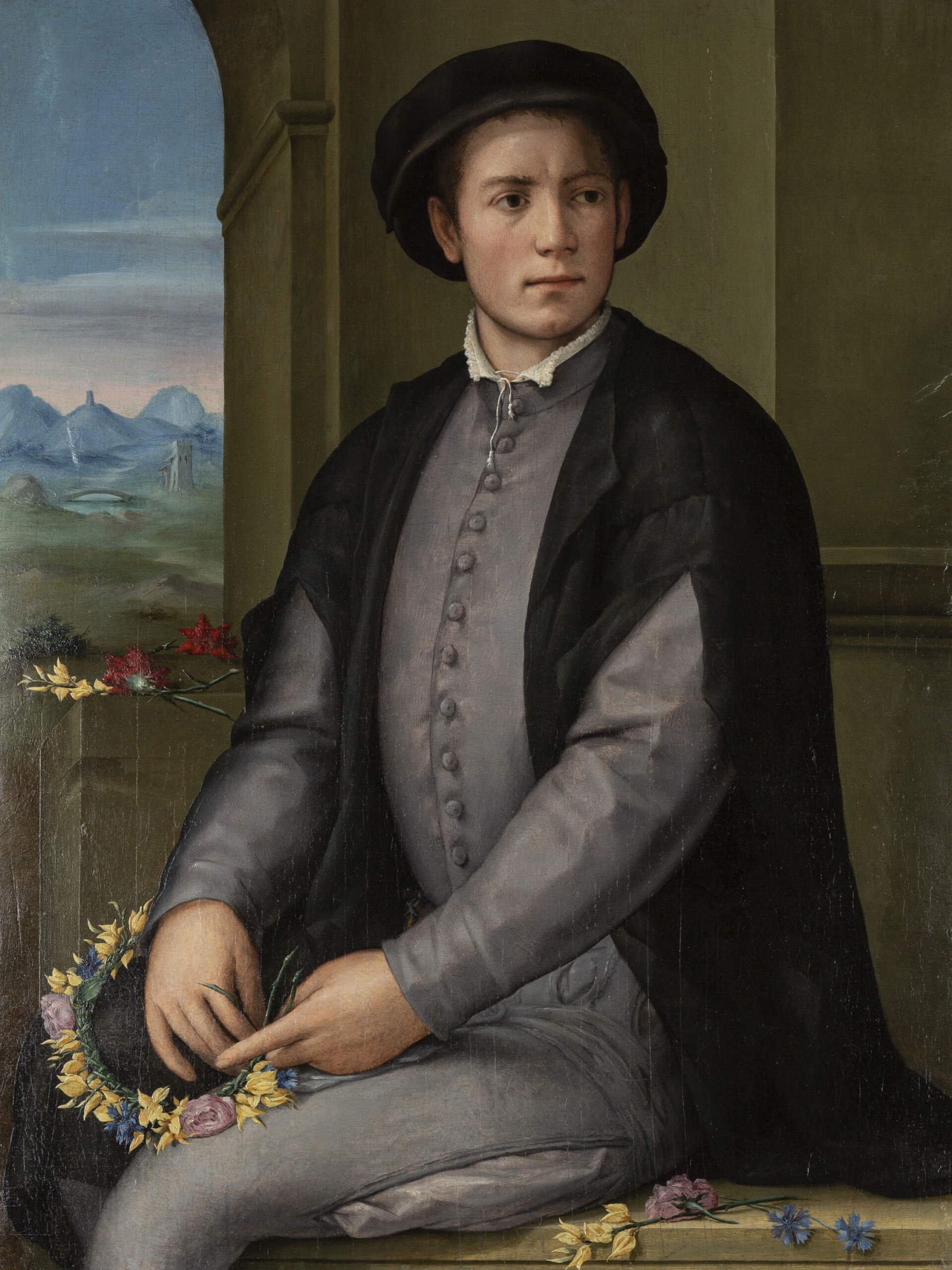 Pier Francesco Foschi, Retrato de un joven tejiendo una guirnalda de flores (c. 1540; óleo sobre tabla, 99 x 75,5 cm; Salt Lake City, Museo de Bellas Artes de Utah) Pier Francesco Foschi, Retrato de un joven tejiendo una guirnalda de flores (c. 1540; óleo sobre tabla, 99 x 75,5 cm; Salt Lake City, Museo de Bellas Artes de Utah)