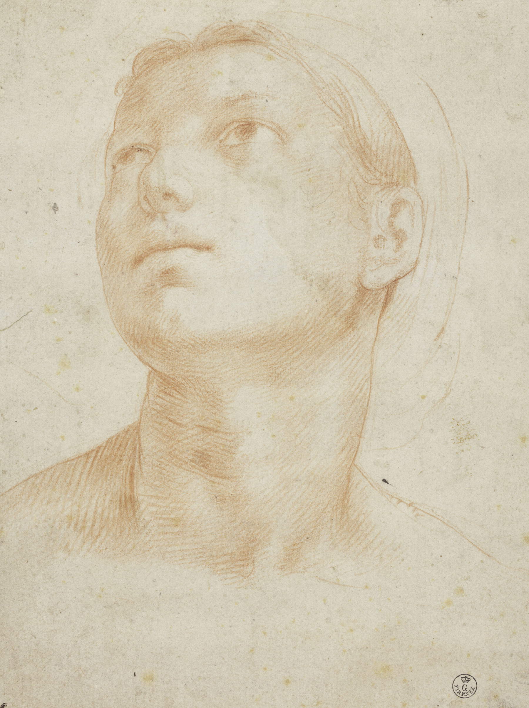 Attribué à Pier Francesco Foschi (copie d'Andrea del Sarto), Tête de femme (craie rouge, 250 x 290 mm ; Florence, Galerie des Offices, Cabinet des dessins et des estampes)