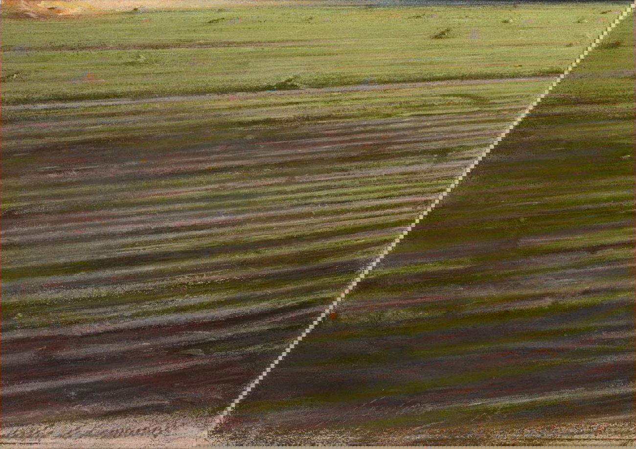 Piero Guccione, Le pietre sui campi di Passo Cane (2002; pastello su carta; Collezione privata) Piero Guccione, Le pietre sui campi di Passo Cane (2002; pastello su carta; Collezione privata)