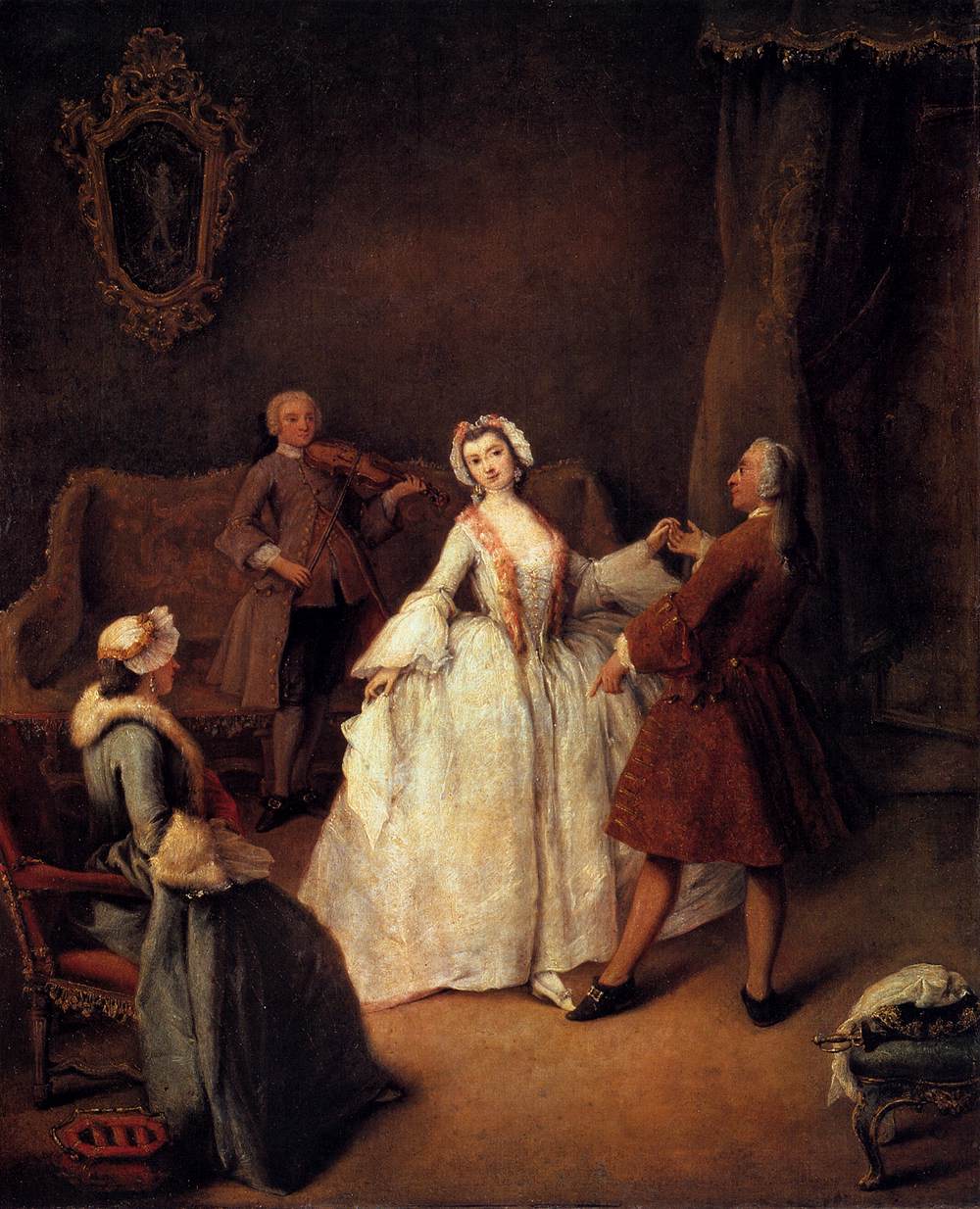 Pietro Longhi, Lezioni di danza (1740 circa; olio su tela, 60 x 49 cm.; Venezia, Galleria dell'Accademia)
